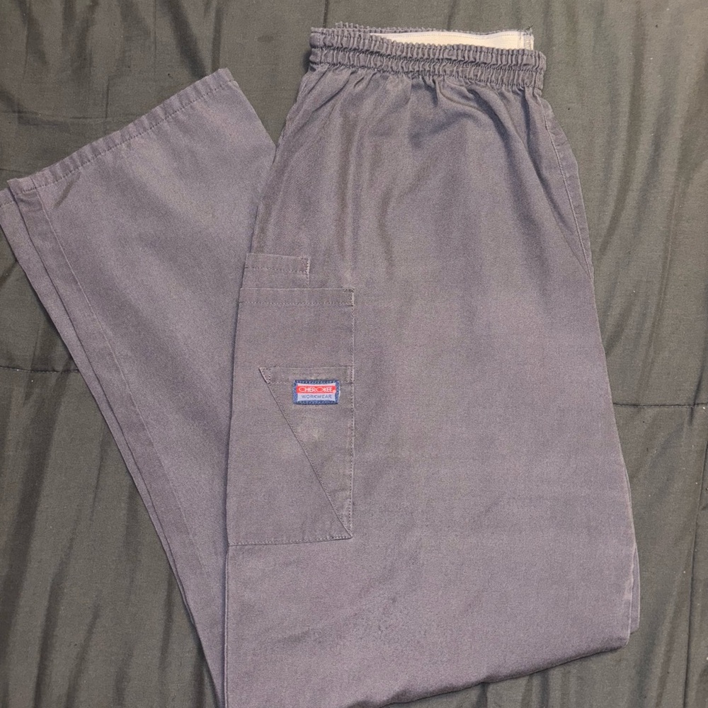 Gray and Blue Cargo Scrub Pants with Elastic Waistband and Relaxed Fit